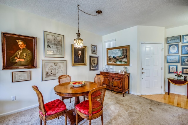 carpeted dining area featuring a textured ceiling