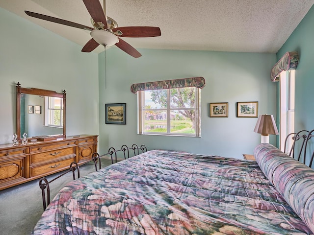 bedroom with lofted ceiling, carpet floors, multiple windows, and a textured ceiling