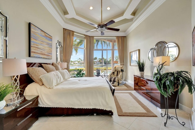 tiled bedroom featuring a raised ceiling, crown molding, and ceiling fan