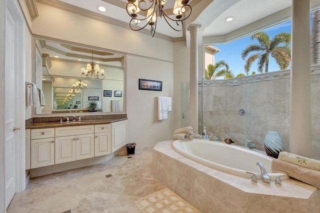 bathroom featuring ornate columns, tiled bath, a chandelier, vanity, and crown molding