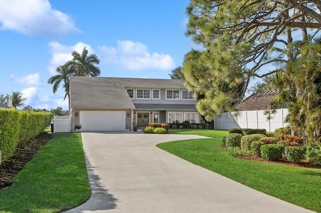 view of front of property featuring a garage, driveway, a front lawn, and fence