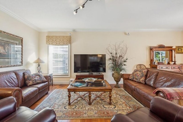 living room featuring ornamental molding, wood finished floors, rail lighting, and baseboards