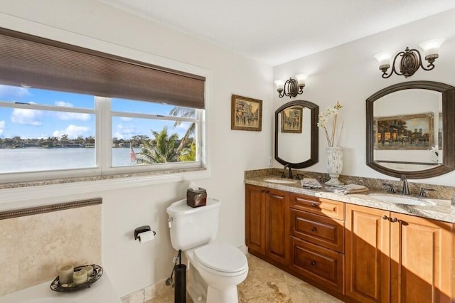 full bath featuring toilet, double vanity, and a sink