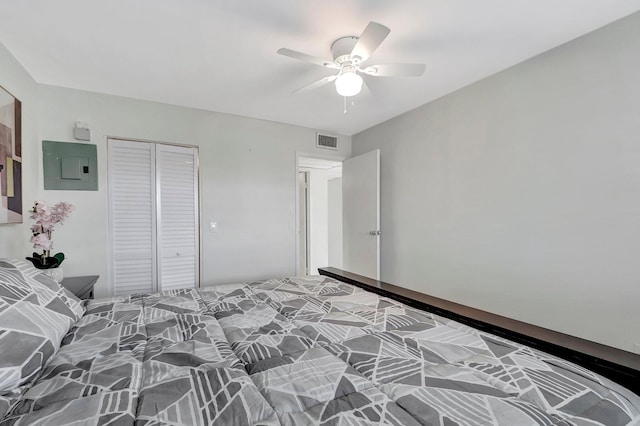 unfurnished bedroom featuring a closet, visible vents, a ceiling fan, and electric panel