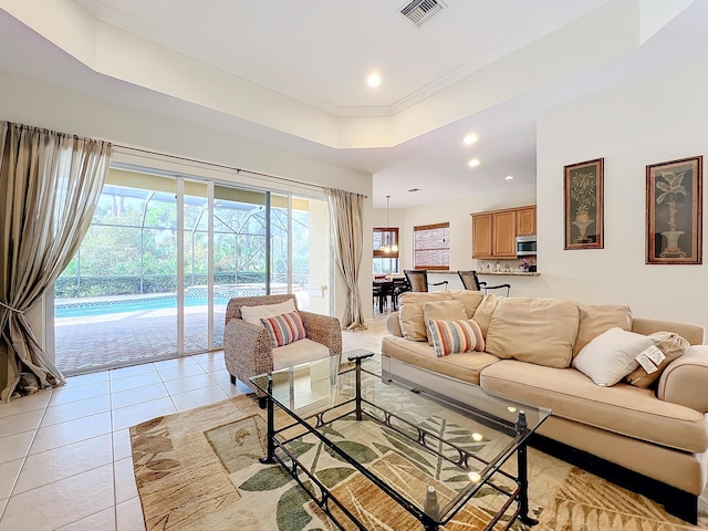 living room featuring light tile patterned flooring