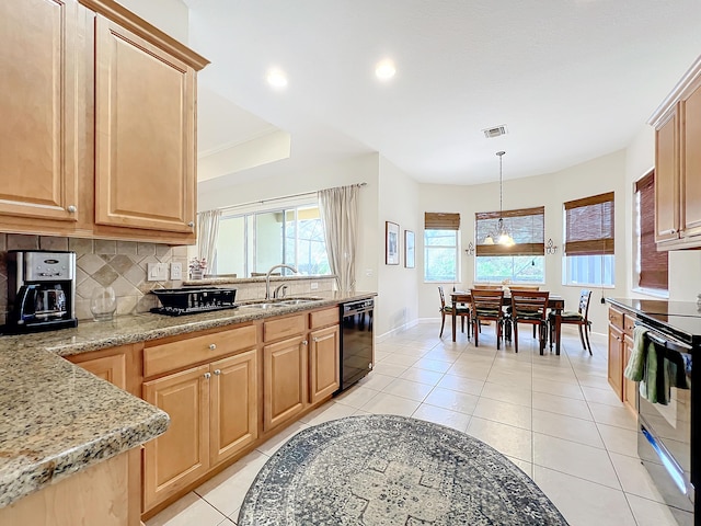 kitchen featuring sink, light tile patterned floors, dishwasher, electric stove, and backsplash