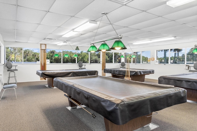 game room featuring pool table, carpet, and a drop ceiling