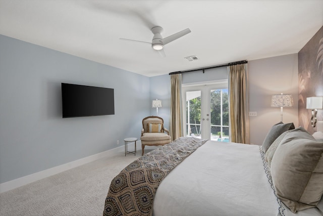 bedroom featuring french doors, ceiling fan, access to exterior, and carpet floors