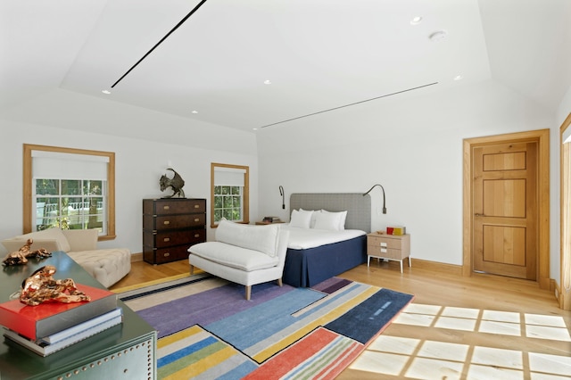 bedroom featuring multiple windows, wood-type flooring, and lofted ceiling