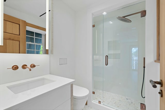 bathroom featuring vanity, a shower with shower door, and toilet