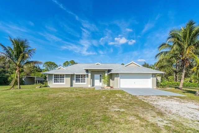 single story home featuring a garage and a front yard