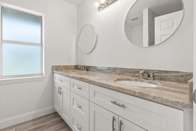 bathroom with hardwood / wood-style flooring and vanity