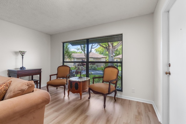 living area with a textured ceiling and light hardwood / wood-style flooring