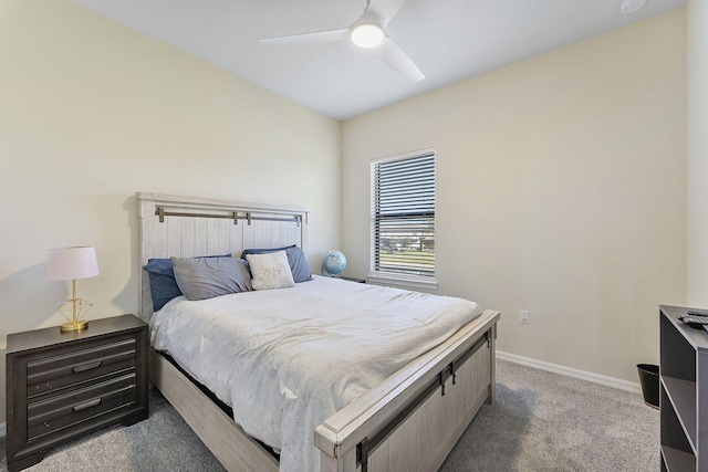 bedroom with ceiling fan and carpet