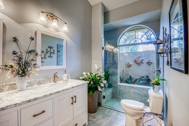 bathroom with walk in shower, vanity, and toilet