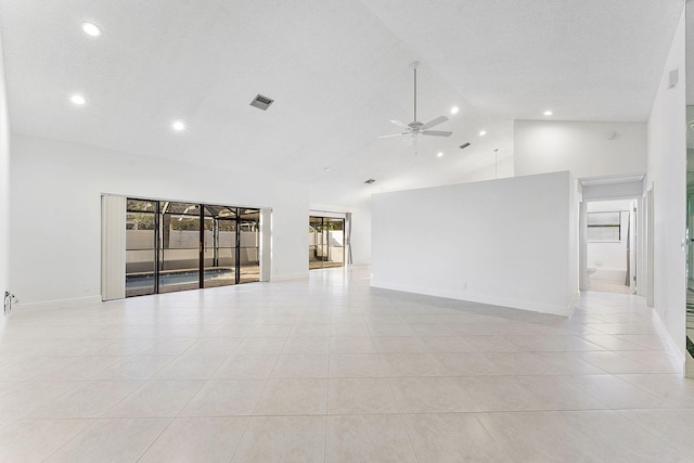 unfurnished living room featuring light tile patterned floors, a textured ceiling, high vaulted ceiling, and ceiling fan