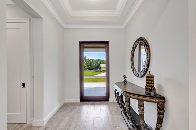 foyer featuring ornamental molding, light hardwood / wood-style floors, and a tray ceiling