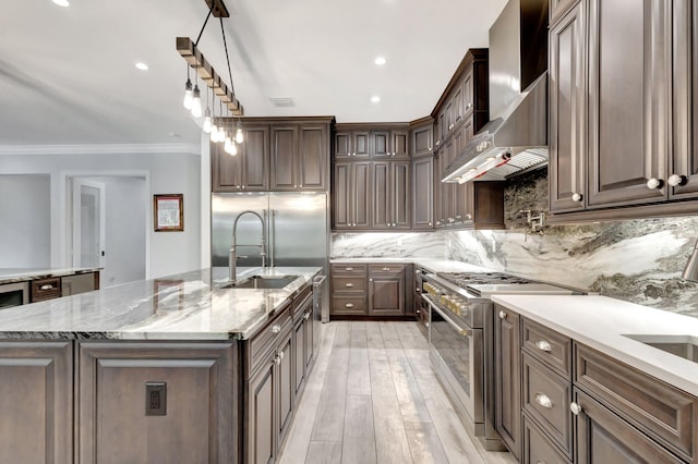 kitchen with sink, backsplash, dark brown cabinets, premium appliances, and a center island with sink