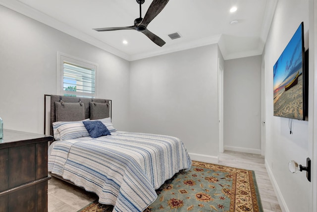 bedroom with crown molding, ceiling fan, and light wood-type flooring