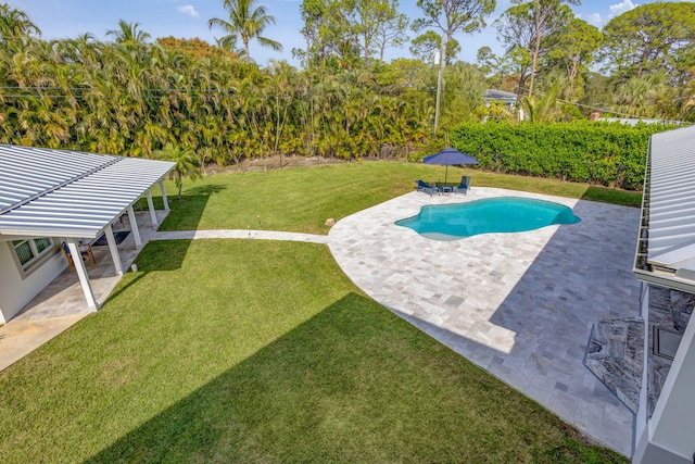 view of pool with a yard and a patio