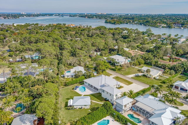 drone / aerial view featuring a water view