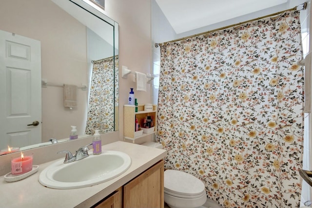 bathroom with toilet, vanity, and walk in shower