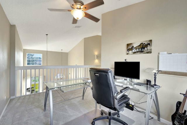 home office featuring ceiling fan, light colored carpet, and high vaulted ceiling