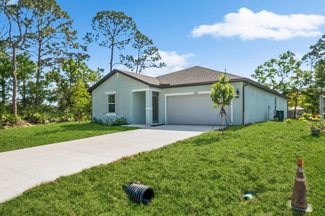 exterior space featuring stucco siding, a lawn, concrete driveway, and an attached garage