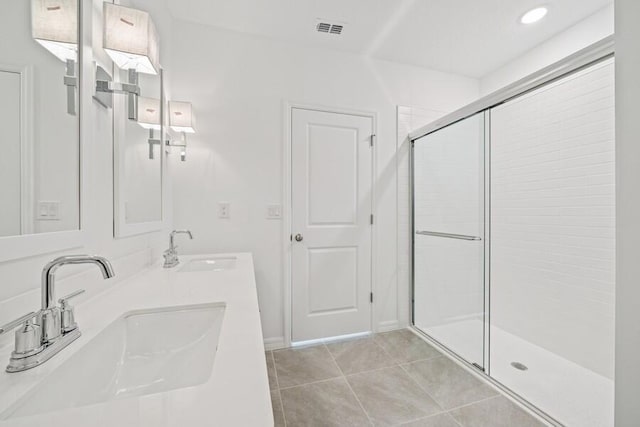 full bath with tile patterned flooring, a shower stall, visible vents, and a sink