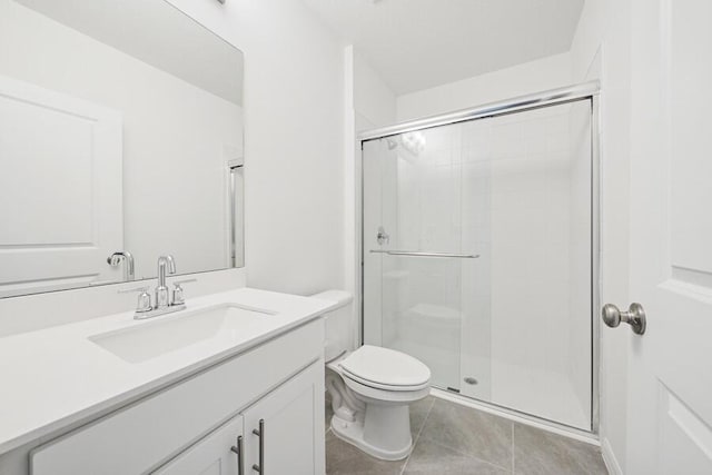 bathroom with toilet, tile patterned floors, an enclosed shower, and vanity