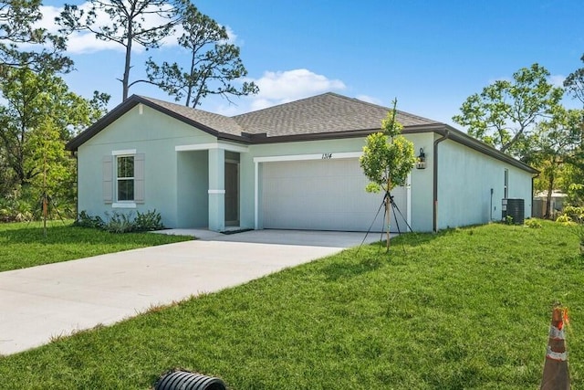 ranch-style house with a front lawn, cooling unit, concrete driveway, and an attached garage