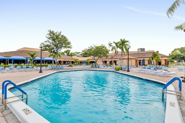 view of swimming pool featuring a patio area