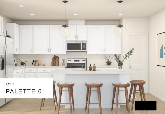 kitchen featuring stainless steel appliances, white cabinetry, tasteful backsplash, and pendant lighting