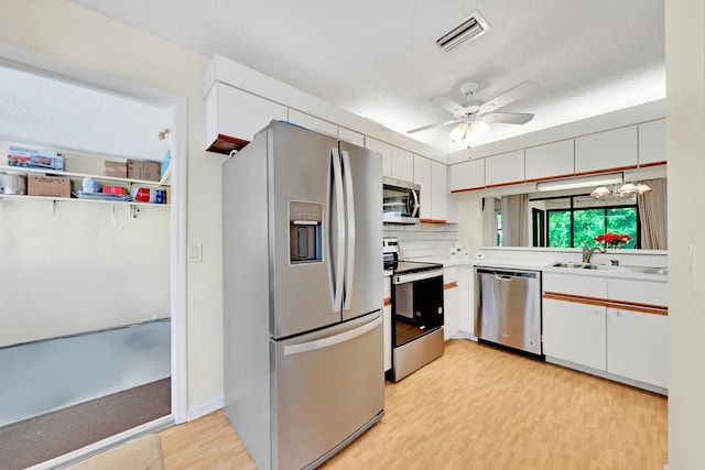 kitchen with sink, stainless steel appliances, white cabinets, and light wood-type flooring