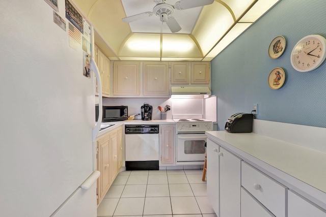 kitchen with ceiling fan, lofted ceiling, light tile patterned floors, and white appliances