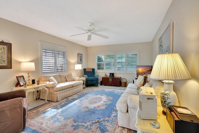 living room with ceiling fan