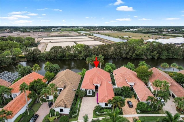 aerial view featuring a water view