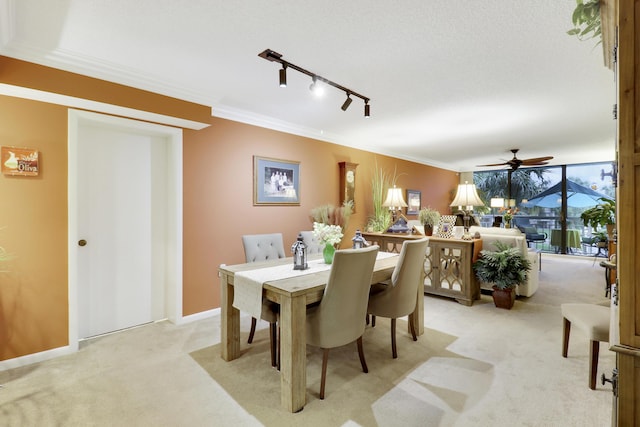 carpeted dining area featuring crown molding, rail lighting, and ceiling fan