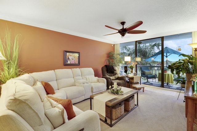 carpeted living room featuring crown molding, a textured ceiling, expansive windows, and ceiling fan