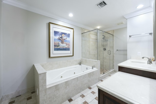 bathroom featuring crown molding, vanity, and plus walk in shower