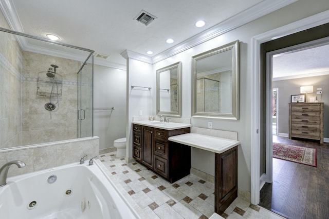 full bathroom featuring vanity, ornamental molding, toilet, and separate shower and tub