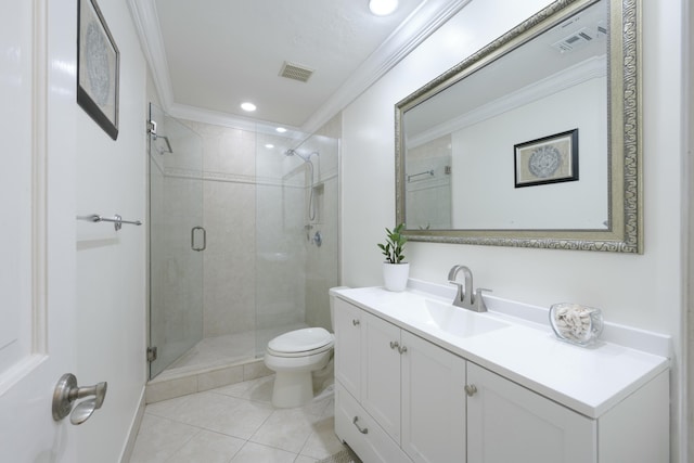 bathroom featuring toilet, a shower with shower door, ornamental molding, vanity, and tile patterned flooring