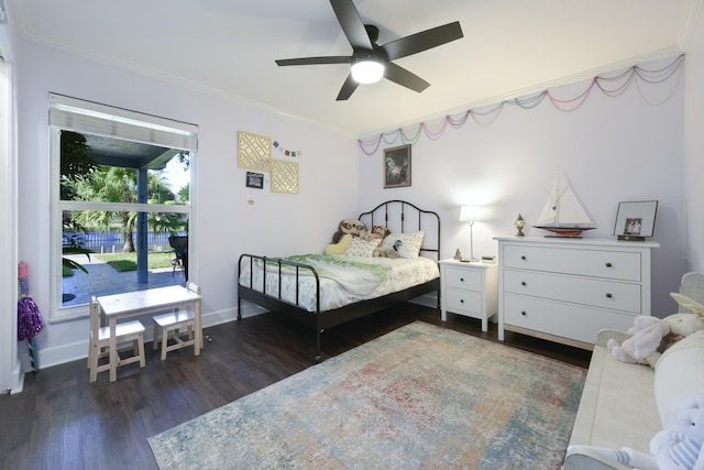 bedroom featuring crown molding, ceiling fan, and dark hardwood / wood-style floors