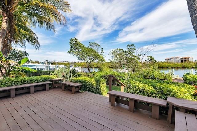 deck featuring a water view