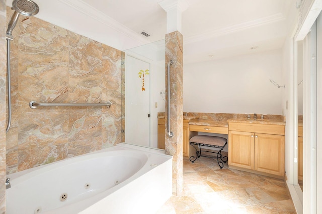 bathroom featuring independent shower and bath, crown molding, and vanity