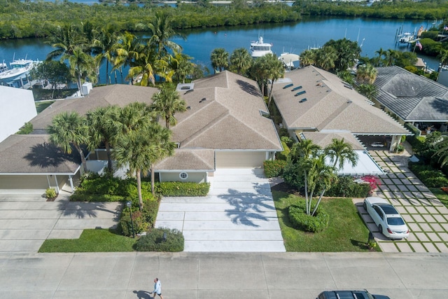 bird's eye view with a water view