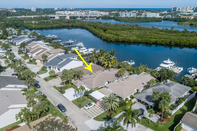 bird's eye view with a water view