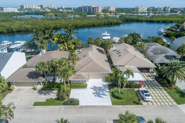 drone / aerial view featuring a water view