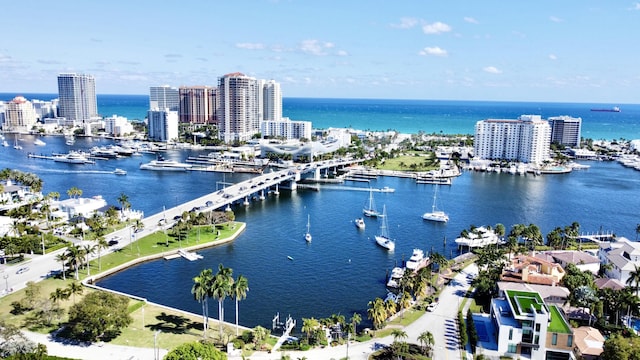 drone / aerial view featuring a water view