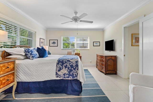 1015 Ingraham Ave Unit 11, Delray Beach, FL 33483 - bedroom with crown molding, ceiling fan, and light tile patterned flooring